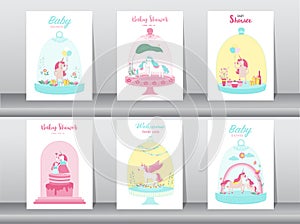 Set of baby shower cards,poster,invitations, cards,template,greeting cards,animals,fantasy,magica ,Cute funny cartoon unicorn in a