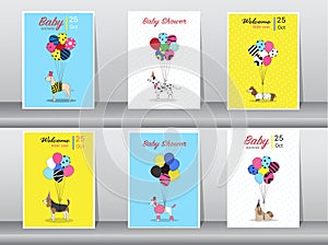 Set of baby shower cards,vintage color,poster,template,greeting cards,balloons,animals,dogs,Vector illustrations