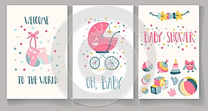 Set of baby shower cards. Welcome to the world, baby shower, oh, baby.