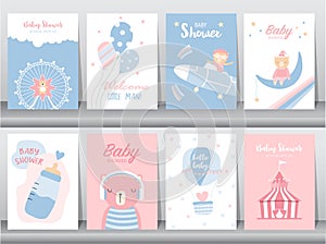 Set of baby shower invitation cards,happy birthday,poster,template,greeting,cute,animal ,Vector illustrations.