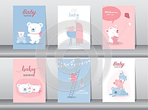 Set of baby shower invitations cards with babies boy and girl ,cute design,poster,template,storks,Vector illustrations.