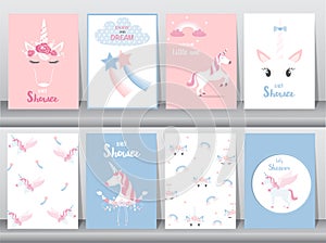 Set of baby shower invitations cards, poster, greeting, template, animals,unicorn, Vector illustrations