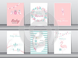 Set of baby shower invitations cards,poster,greeting,template,bird,owl,flamingo,Vector illustrations