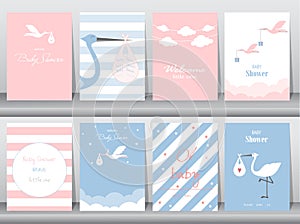 Set of baby shower invitations cards,poster,greeting,template,stork,animal,