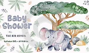Set of baby shower invitations with cartoon animals. Watercolor illustration.