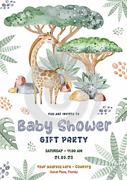 Set of baby shower invitations with cartoon animals. Watercolor illustration.