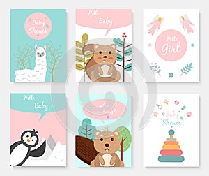 Set of Baby shower posters with cute animals. Greeting card, alpaca, ground squirrel, beaver, penguin, angel and children`s toys.