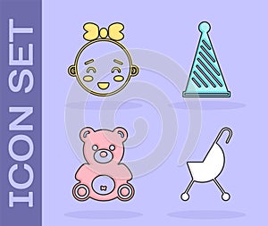 Set Baby stroller, Happy little girl head, Teddy bear plush toy and Party hat icon. Vector