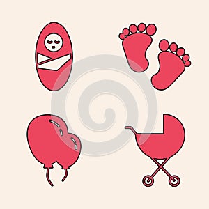 Set Baby stroller, Newborn baby infant swaddled, Baby footprints and Balloons with ribbon icon. Vector