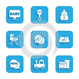 Set Baby, Toy train, food, Ultrasound of baby, Speech bubble mom, stroller, bottle and icon. Vector