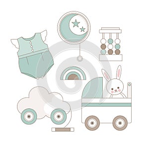 Set with baby trendy clothes, furniture and toys.