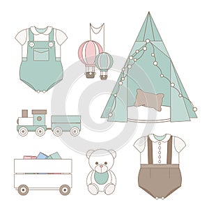 Set with baby trendy clothes, furniture and toys. Trendy baby and children elements