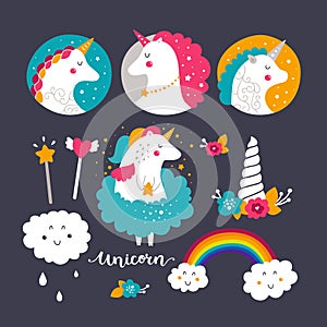Set of baby unicorn and rainbow