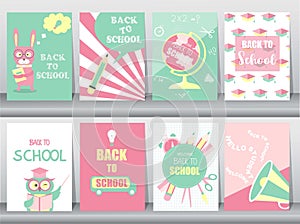 Set of Back to School card set, school kids, chalkboards, learning,animal,cool, Vector illustration.