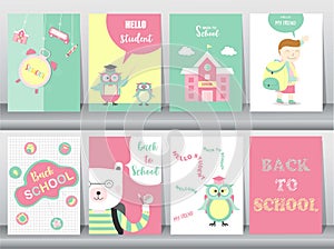 Set of Back to School card set, school kids, chalkboards, learning,animal,cool, Vector illustration.