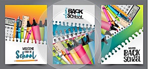 A set of back to school flyers with realistic 3d stationery and items for education