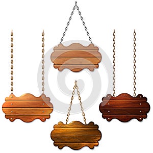 Set of background hanging on metal chains, wooden sign, banner,