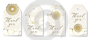 Set of 4 backgrounds with golden kintsugi design and mandala for thank you tags, wedding tags, birthday tags, labels