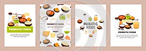 Set of backgrounds with probiotic foods. Best sources of probiotics. Beneficial bacteria improve health