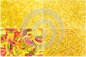 Set of backgrounds several uncooked pasta different varieties