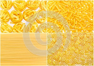 Set of backgrounds several uncooked pasta different varieties