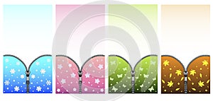 Set of backgrounds for a smartphone, flyer or business card - seasons. Four delicate vector backgrounds with zipper - winter, spri