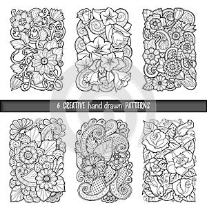 Set of backgrounds in vector with doodles, flowers and paisley. For wallpaper, pattern fills, coloring books. Black and white.