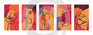 Set Backgrounds with Women Portraits and poppy flowers. Abstract Mobile Wallpapers in minimalist trendy style