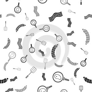 Set Bacon stripe, Steak meat in frying pan, Sausage and Spatula on seamless pattern. Vector