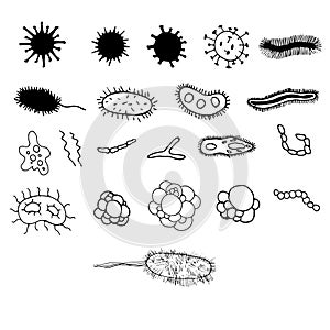 Set Bacteria, Microbes and Viruses. Microorganisms Isolated On White Background Vector Illustrated Set. Hand drawn and doodle