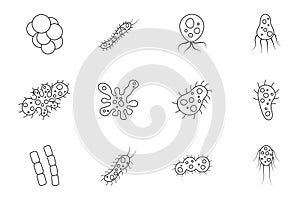 set of bacteria and virus vector illustration in outline style. Disease-causing bacterias, viruses and microbes