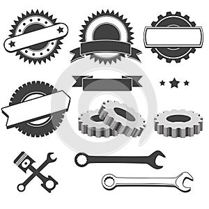 Set of badge, emblem, logotype element for mechanic, garage, car repair, auto service