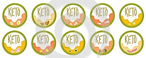 Set badge Keto diet. Vector emblems inscription keto vegetables, food enriched with ketones. A friendly diet for a