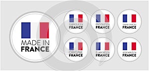 Set of badge logotype Made in France, turn into France, on white round background, symbol logo for packaging design photo