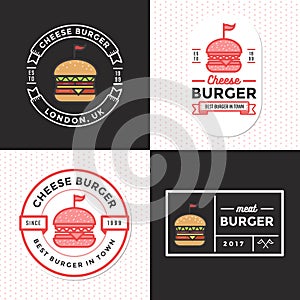 Set of badges, banner, labels and logo for hamburger, burger shop. Simple and minimal design.