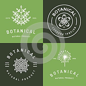 Set of badges, banner, labels and logos for botanical natural product, shop. Leaf logo, flower logo. Linear outline stroke