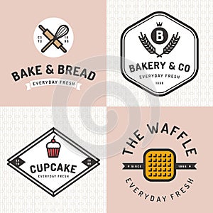 Set of badges, banner, labels, logos, icons, objects and elements for bakery shop with seamless pattern.