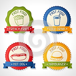 Set of badges with burger, hot dog, french-fry and