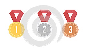 Set of badges with gold, silver, bronze ribbons. Vector illustration