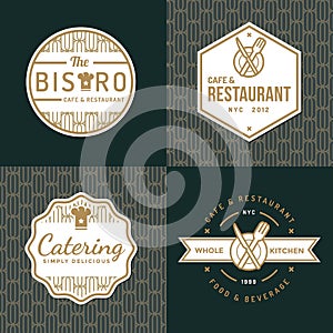 Set of badges, labels and logos for food restaurant, foods shop and catering with pattern.