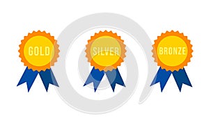 Set of badges with ribbons and the inscription gold, silver, bronze. Vector illustration