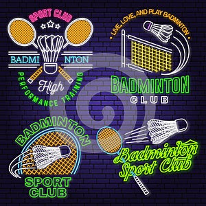 Set of Badminton sport neon emblem. Vector illustration. Vintage badminton label with racket and shuttlecock silhouettes