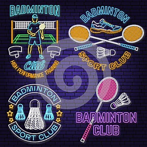 Set of Badminton sport neon emblem. Vector illustration. Vintage badminton label with racket and shuttlecock silhouettes
