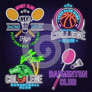 Set of Badminton sport neon emblem. Vector illustration. Vintage badminton label with racket and shuttlecock silhouettes