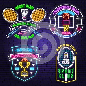 Set of Badminton sport neon emblem. Vector illustration. Vintage badminton label with racket and shuttlecock silhouettes