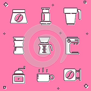 Set Bag of coffee beans, Aeropress, Coffee cup, Pour over maker, machine, Manual grinder and icon. Vector