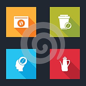 Set Bag of coffee beans, Coffee cup to go, Barista and Teapot icon. Vector