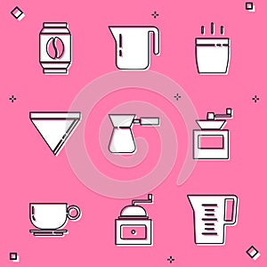 Set Bag of coffee beans, Coffee pot, cup, paper filter, turk, Manual grinder, and icon. Vector