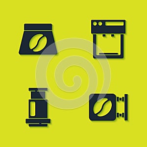 Set Bag of coffee beans, Street signboard, Aeropress and Coffee machine icon. Vector