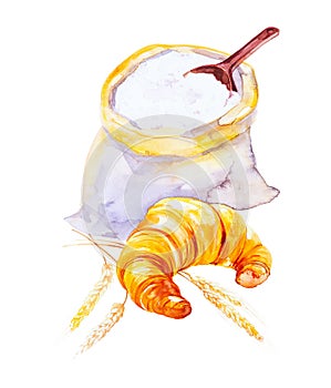 Set of a bag of flour with a spoon, a croissant and wheat spikelets. Watercolor illustration isolated on white background